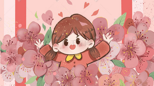 樱花节女孩与樱花可爱清新插画