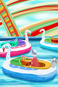 欢乐游乐场插画图片_水上游乐园鸭子气垫船插画