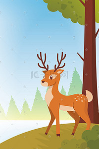 鹿鹿同心插画图片_动物小花鹿在河边饮水张望