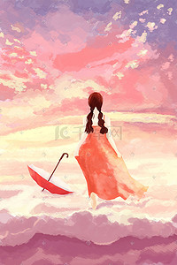天空彩霞插画图片_女孩在天空的云彩中漫步