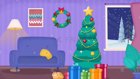 扁平圣诞树插画图片_圣诞节圣诞树紫色调矢量扁平风插画圣诞
