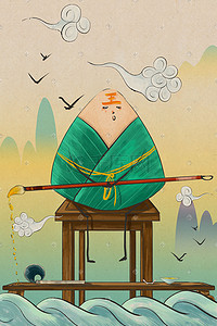 飞鸟中国插画图片_手绘中国风端午习俗画额头端午