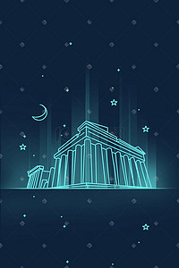 扁平线条卡通希腊地标性建筑帕特农神庙夜景