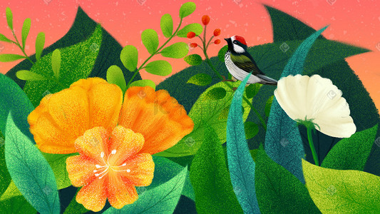 小鸟绿叶插画图片_手绘插画花卉植物