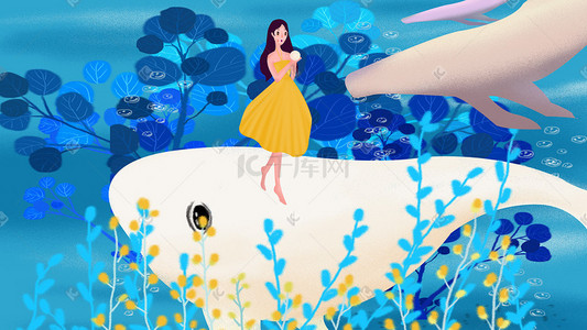 女孩与植物插画图片_夏日之女孩与鲸鱼