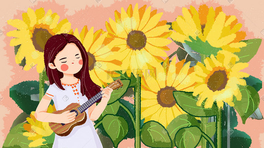 吉他弹奏者插画图片_弹尤克里里的向日葵女孩横版