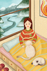 冬天赖床插画图片_冬天下雪假日居家赖床撸猫插画