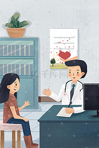手绘中国医生插画图片_医疗主题医院就诊跟医生描述病情手绘竖图科普