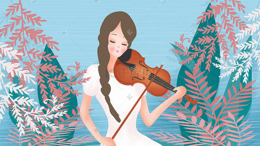 卡通手绘唱歌插画图片_丛林演奏小提琴的少女插画