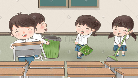 地震躲卫生间插画图片_学校开学学生们打扫卫生卡通手绘