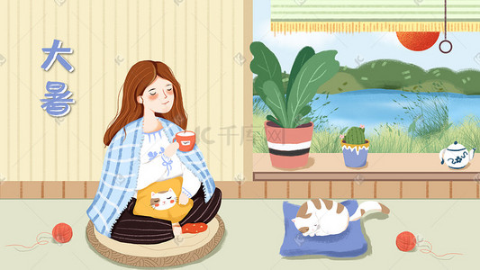 猫大暑插画图片_手绘大暑喝伏茶的女生插画下载