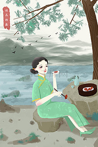 vi模版包装插画图片_民国风旗袍中国风少女美食桂花糕包装插画