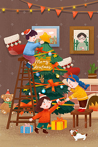 圣诞节圣诞孩子们装饰圣诞树手绘可爱画风圣诞