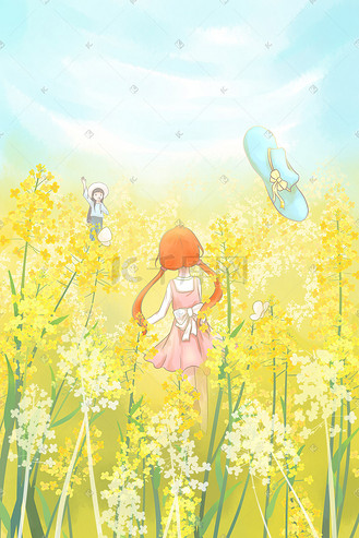 油菜花节两小女孩在花丛中玩耍