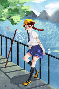 立夏夏季夏天小暑风景湖边少女卡通插画