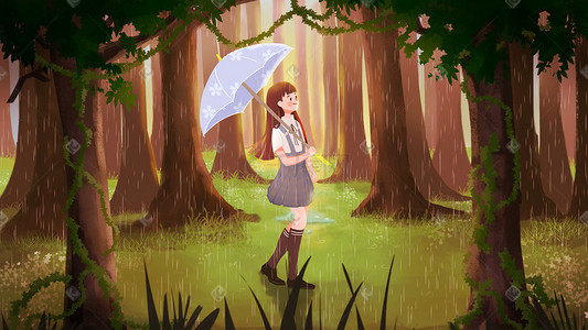 雨伞插画图片_春天森林雨伞女孩