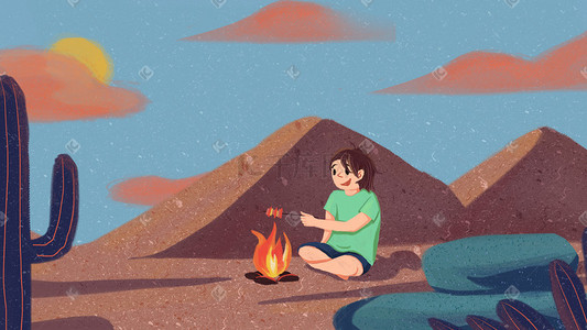 沙漠旅游插画图片_旅游风景景点沙漠露营男孩卡通插画