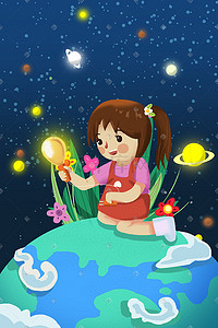 宇宙地球插画图片_卡通扁平地球日太空星空宇宙地球小女孩插画
