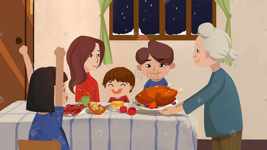 卡通手绘感恩节插画图片_卡通温馨感恩节一家人吃火鸡插画