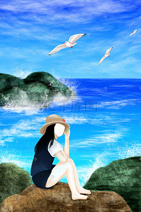 手绘蓝色海浪插画图片_手绘插画女孩海边玩耍