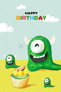 生日蛋糕贺卡插画图片_Q版卡通小怪兽带宝宝吃生日蛋糕
