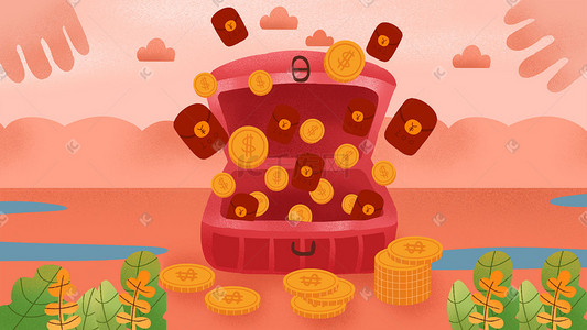 大量的钱币插画图片_卡通可爱红色系宝箱金币理财配图