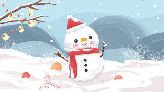雪景中插画图片_二十四节气大雪户外雪景中的雪人