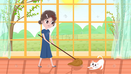 落地窗插画图片_家居一个人生活打扫卫生女孩白猫手绘插画