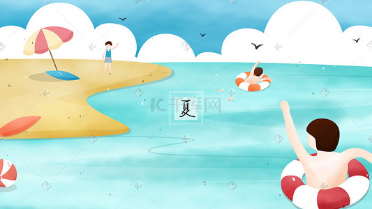 招手动作插画图片_在海里游泳的人向岸边的伙伴挥手