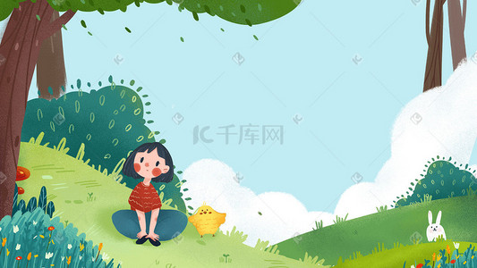 大白兔糖纸插画图片_五一出游郊游树林山林女孩