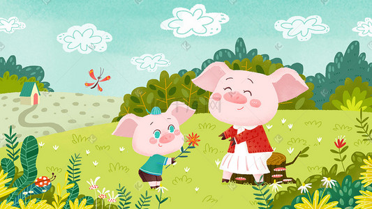 小猪动物插画图片_母亲节卡通小清新小猪送花配图
