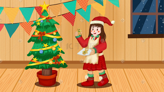 卡通彩旗插画图片_卡通可爱女孩烹饪姜饼人室内庆祝圣诞节插画圣诞
