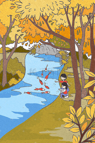 秋季湖边赏鱼插画