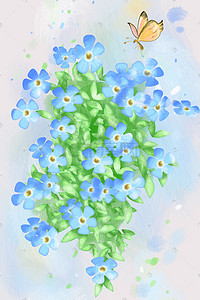 手绘绿叶植物插画图片_花卉植物蓝花自然手绘插画psd