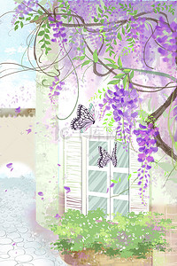 花开庭院插画图片_小清新的紫藤花开满庭院