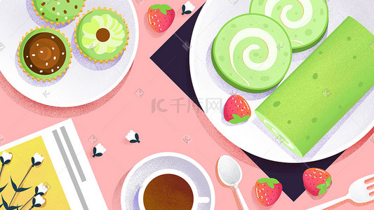 草莓蛋糕手绘插画图片_美食插画抹茶蛋糕卷banner背景