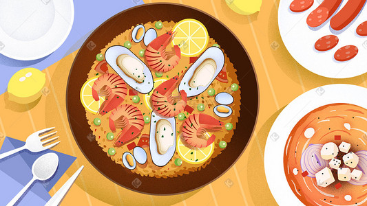 韩国海鲜插画图片_西班牙海鲜饭扁平插画