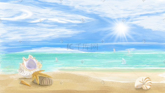 阳光沙滩插画图片_明媚阳光沙滩上的贝壳插画