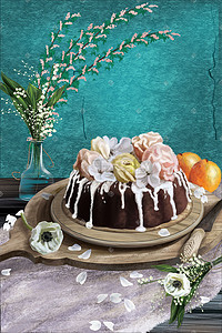 甜品直播插画图片_食物甜品鲜花巧克力蛋糕插画