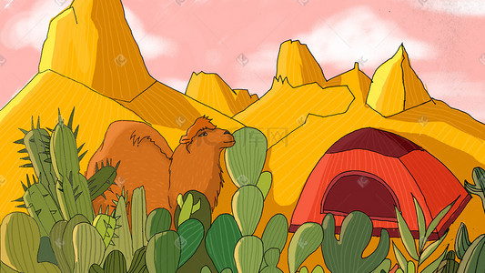 天空沙漠背景插画图片_夏季沙漠户外旅行背景图