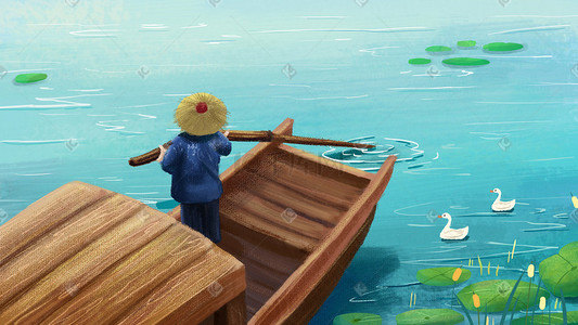 熊猫划船插画图片_立春划船出游手绘小清新横图