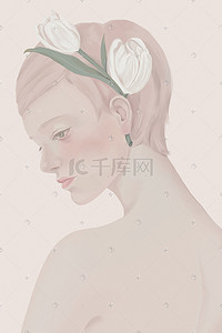 小白花插画图片_气质型带花的外国文艺女人海报设计