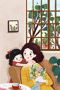 小清新风格插画图片_母亲节妈妈和女儿温馨一幕小清新风格