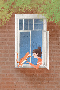 女孩和猫咪插画图片_女孩和猫咪窗台上嬉戏