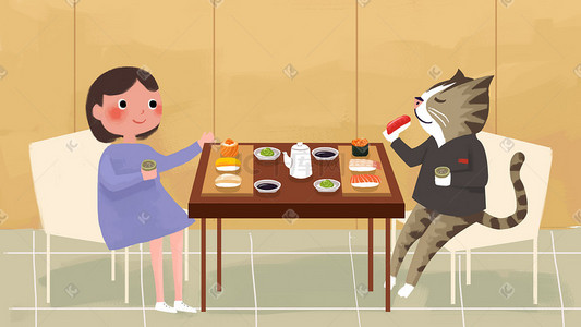 寿司展架插画图片_和猫一起吃寿司吧