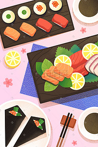 手绘日本背景插画图片_美食插画日式刺身寿司手卷海报背景