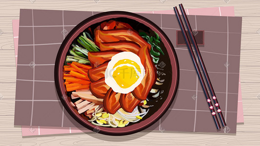 烤肉拌饭牌匾插画图片_都市美食之韩式拌饭插画