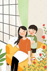 爱在海报插画图片_母亲节温馨感恩母子清新卡通手绘彩色插画