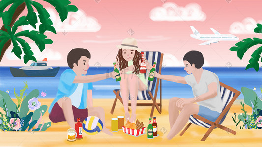 朋友插画图片_夏日啤酒朋友在海边喝啤酒banner头图