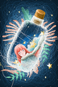 瓶子植物植物插画图片_女孩与漂流瓶线圈治愈系